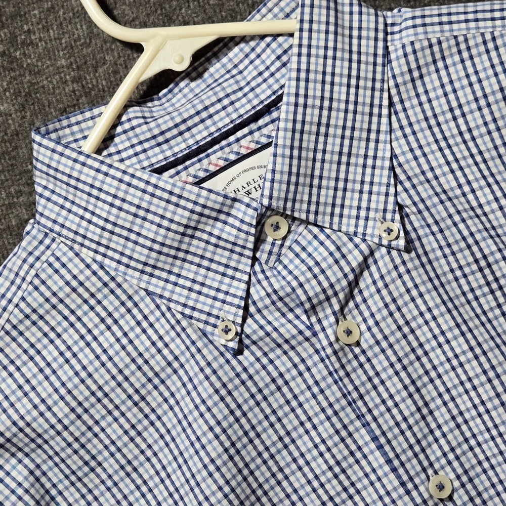 Charles Tyrwhitt Shirt Mens 17 / 34 White Blue Plaid Oxford Classic Fit Non-Iron